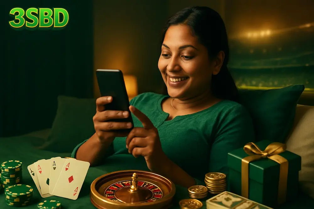 3SBD App โ a Bangladeshi woman relaxing on a bed at home tapping her phone screen with warm ambient lighting around her 3SBD App โ a Bangladeshi woman relaxing on a bed at home tapping her phone screen with warm ambient lighting around her