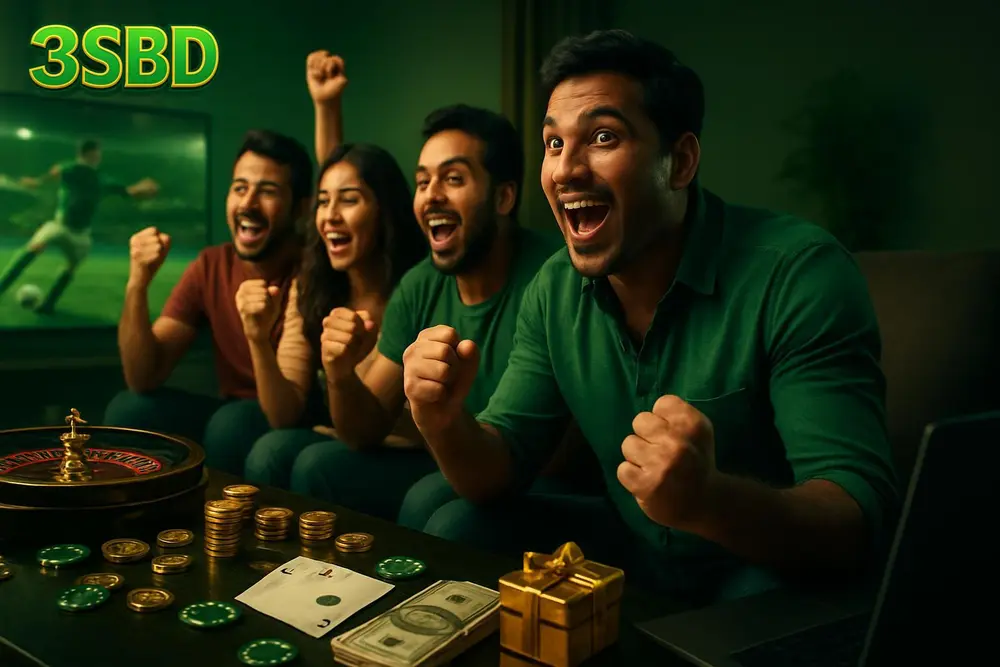 3SBD Betting — a group of Bangladeshi friends gathered around a television at home reacting excitedly during a