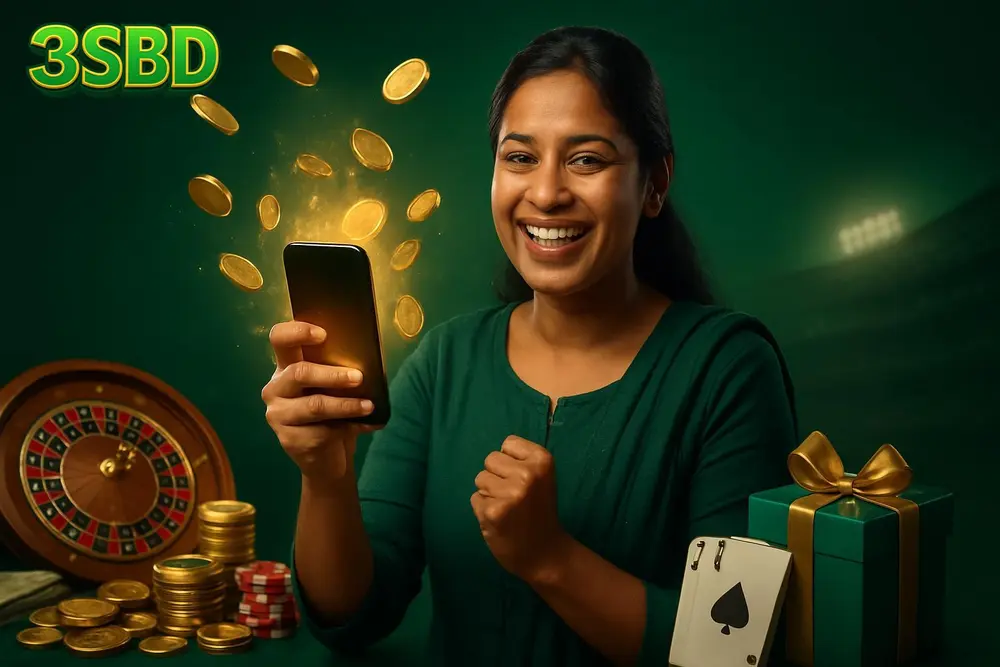 3SBD Bonus — a smiling Bangladeshi woman holding up her phone as golden light and coins spill out from the screen in