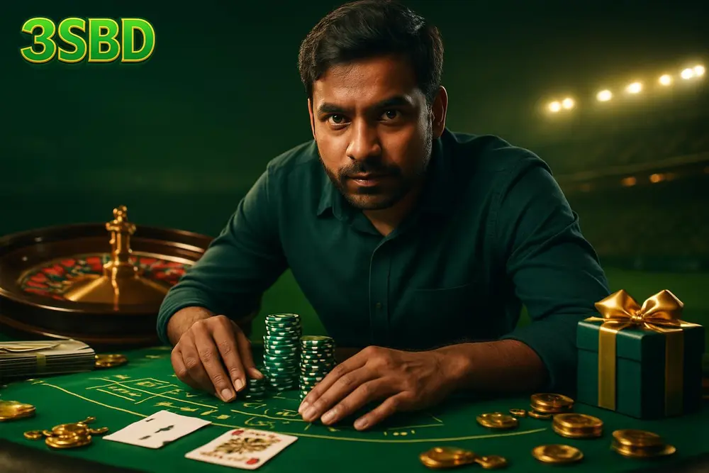 3SBD Casino — a Bangladeshi man leaning over a blackjack table stacked with chips as a roulette wheel spins in the