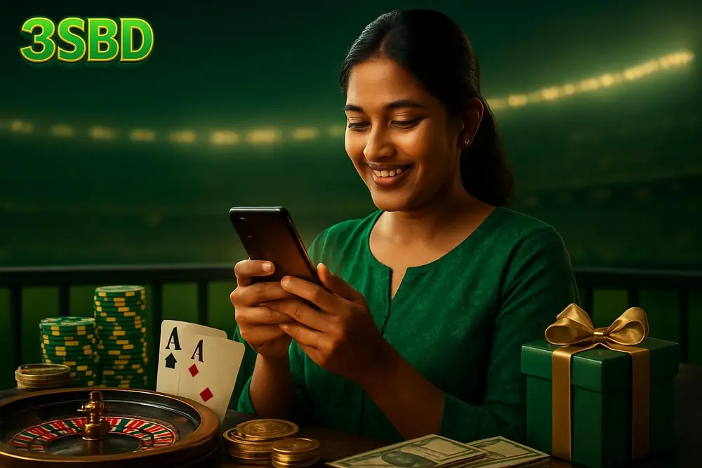 3SBD Login — a Bangladeshi woman on a balcony smiling while typing on her phone with a soft golden glow around the