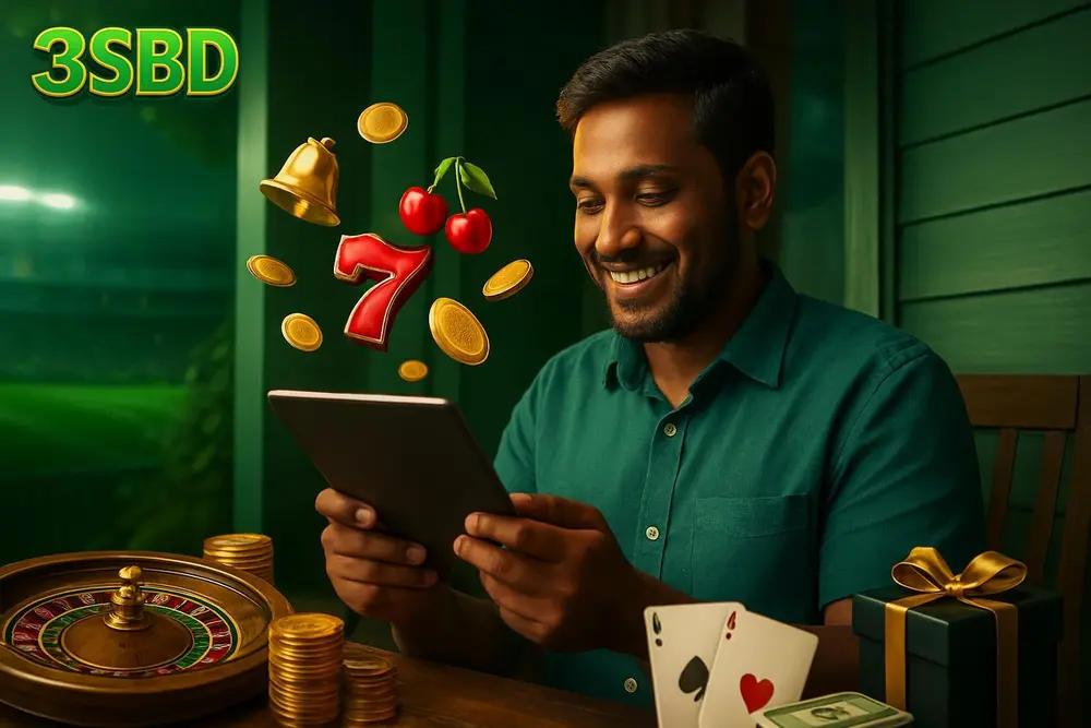 3SBD Slots — a Bangladeshi man sitting on his porch smiling while golden coins and fruit slot icons appear to float